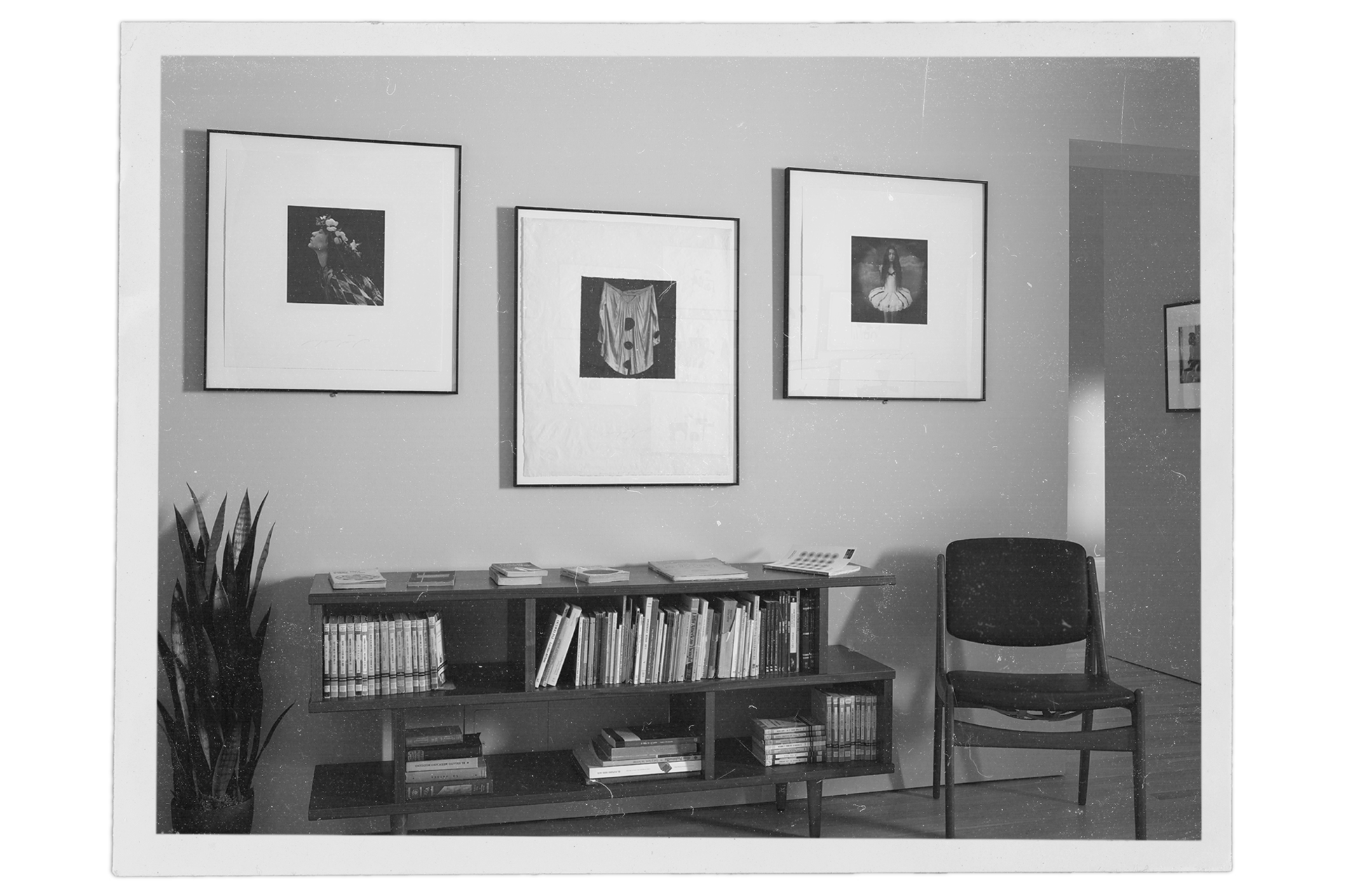 "Old" photograph of three photographs by Luis González Palma, in a mid century modern interior