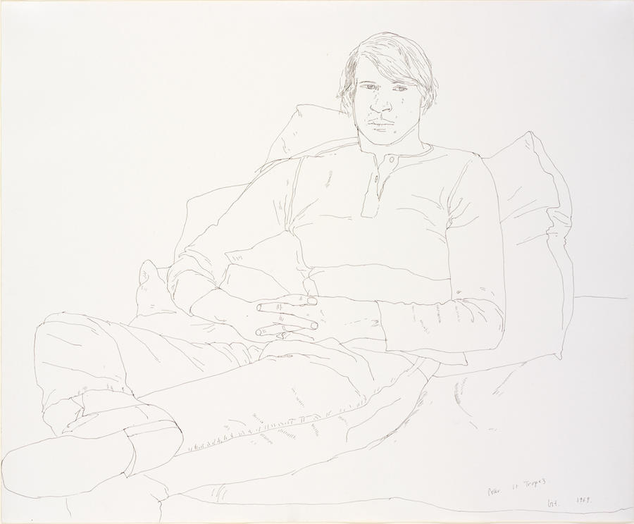 Line drawing of a man. He makes eye contact as he reclines against a pillow, one foot resting on the other knee and his hands clasped in his lap. 