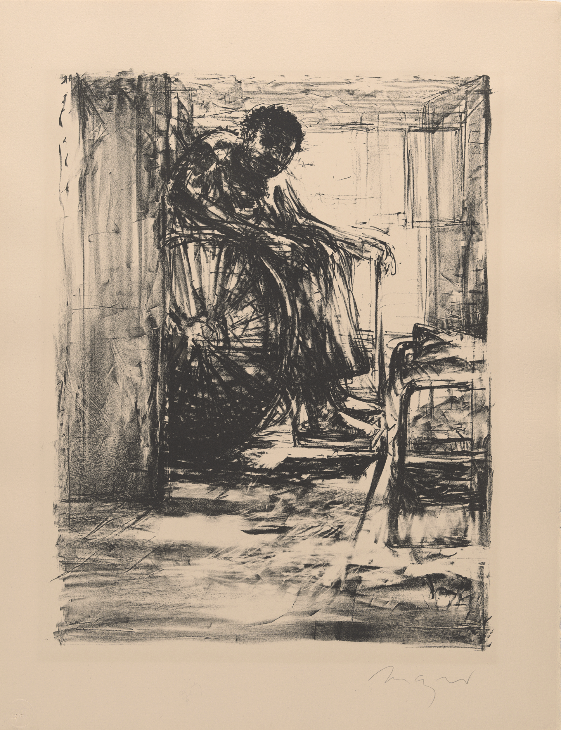 Rough, loose black lines depict a figure sitting in a wheelchair, leaning forward and holding a cane. They are situated in a tight space, possibly a hallway.