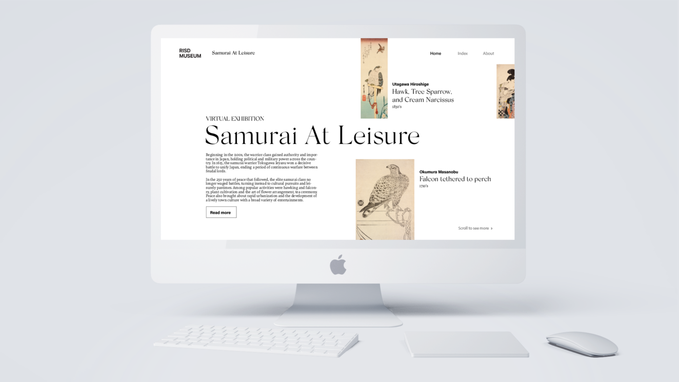 Home Page of the virtual exhibition Samurai At Leisure displayed on a model of a computer monitor.