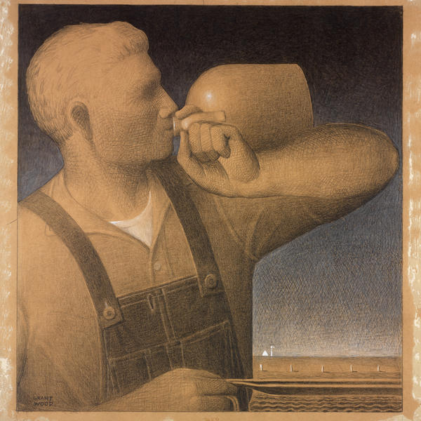 Half-length view of young man in overalls with mouth of jug in his left hand raised to his lips; reins held in his right hand; building visible on horizon beyond field.